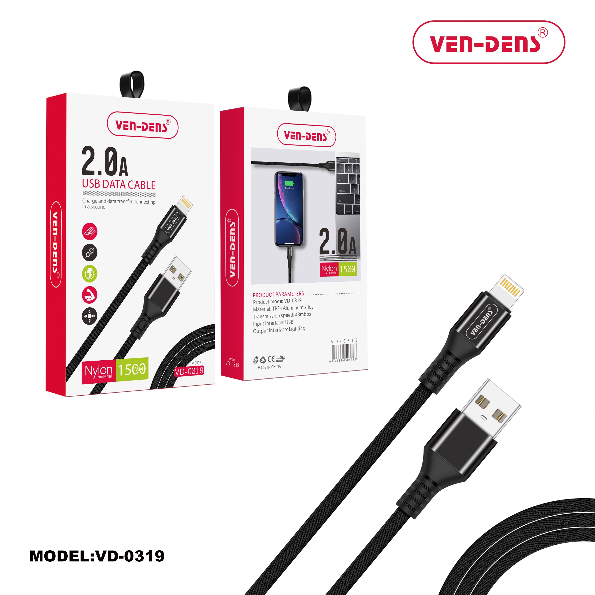 Ven-Dens VD-DC0028 USB to Lightning Fast Charging Cable 2A Nylon Cable Black 1.5M